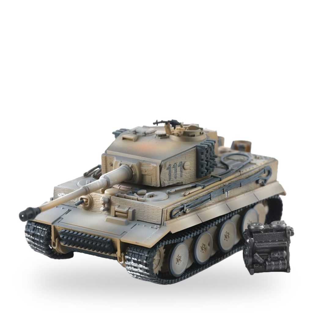 Unpainted 1/72 scale Tiger I German heavy tank miniature model on white background.