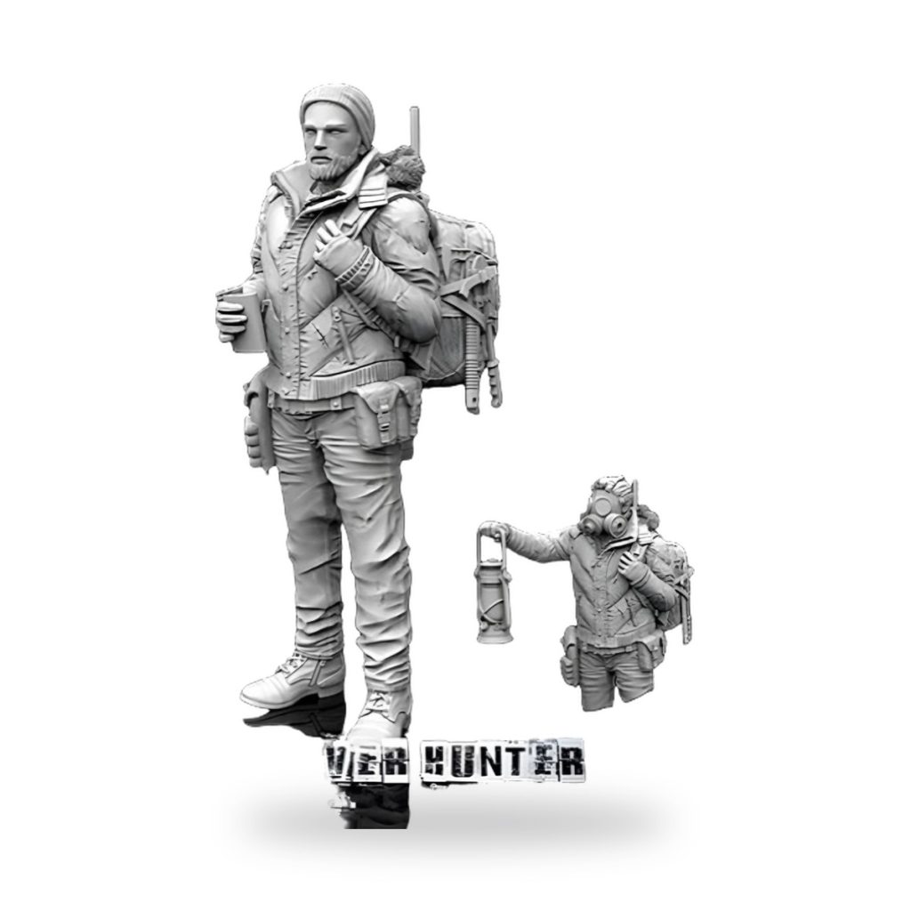 Unpainted male hunter figure with rifle and backpack, holding cup.
