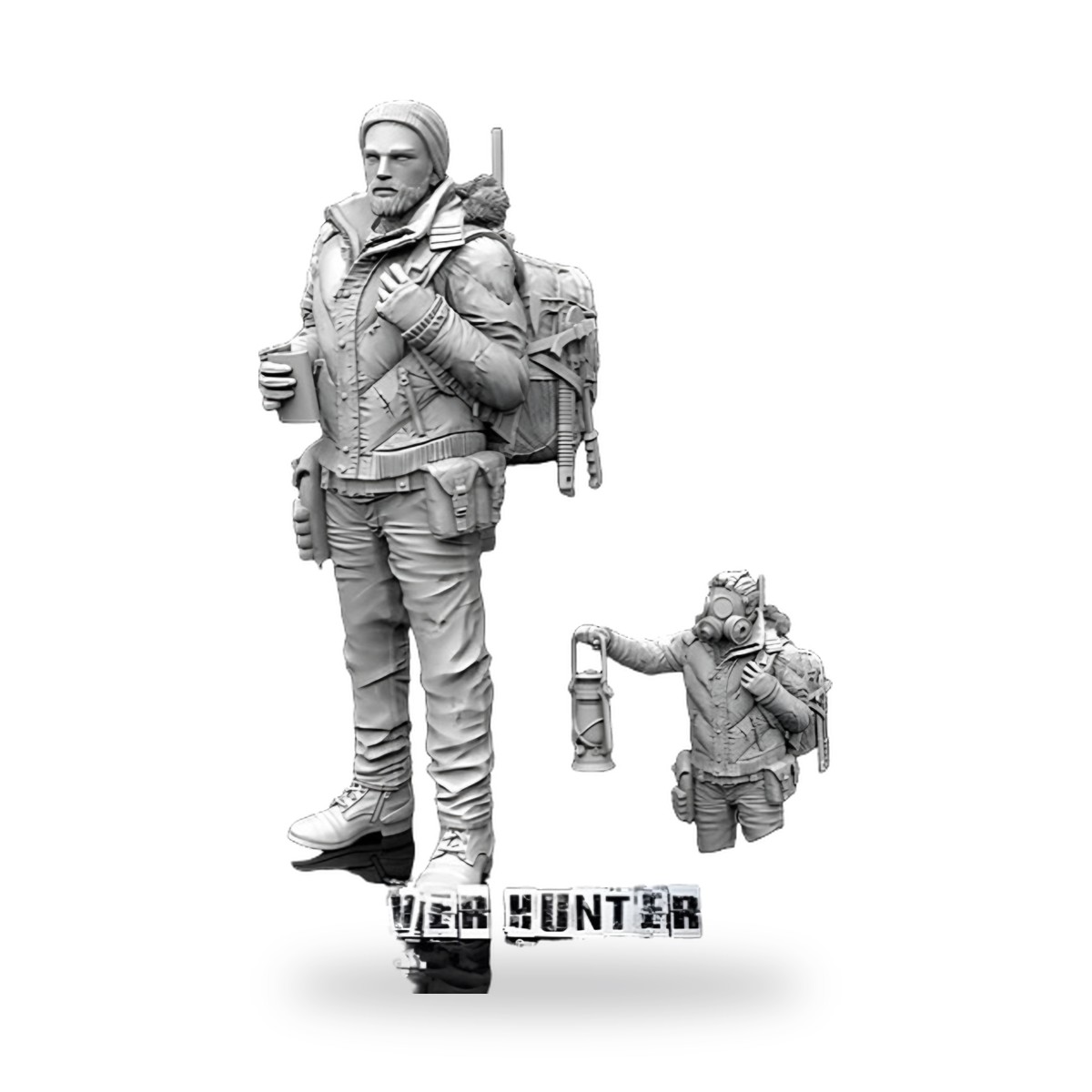Unpainted male hunter figure with rifle and backpack, holding cup.
