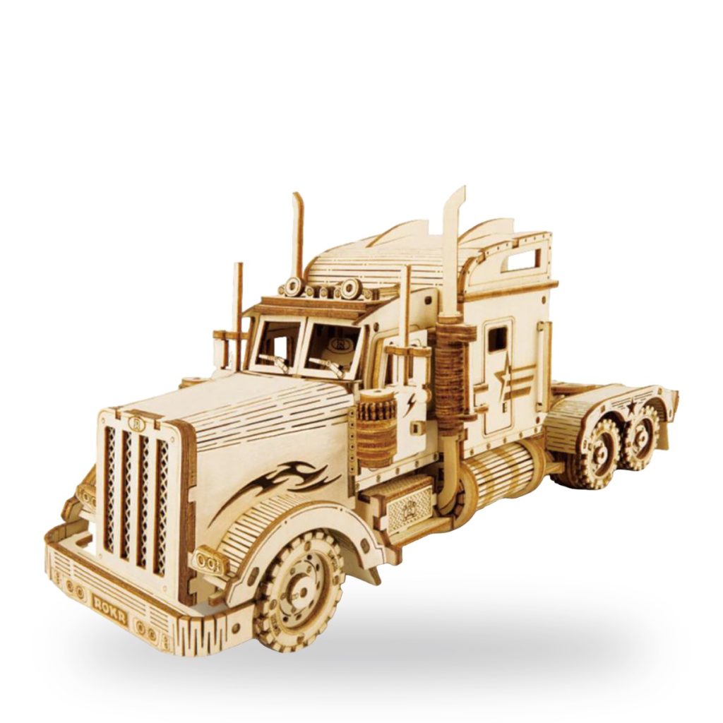Unpainted wooden 3D puzzle of a large semi-truck with flame decals.