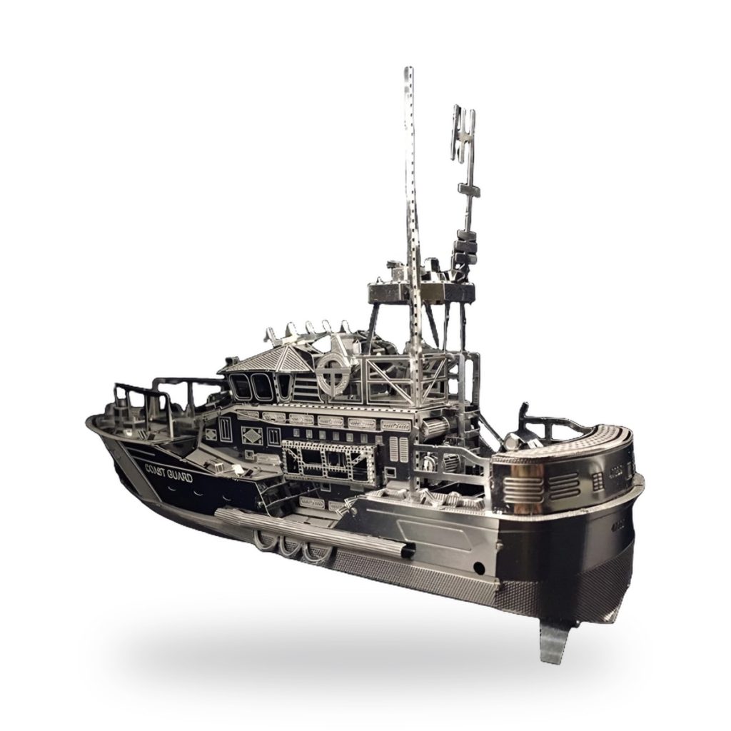 Unpainted metal lifeboat Coast Guard DIY puzzle model with detailed structure and rigging.