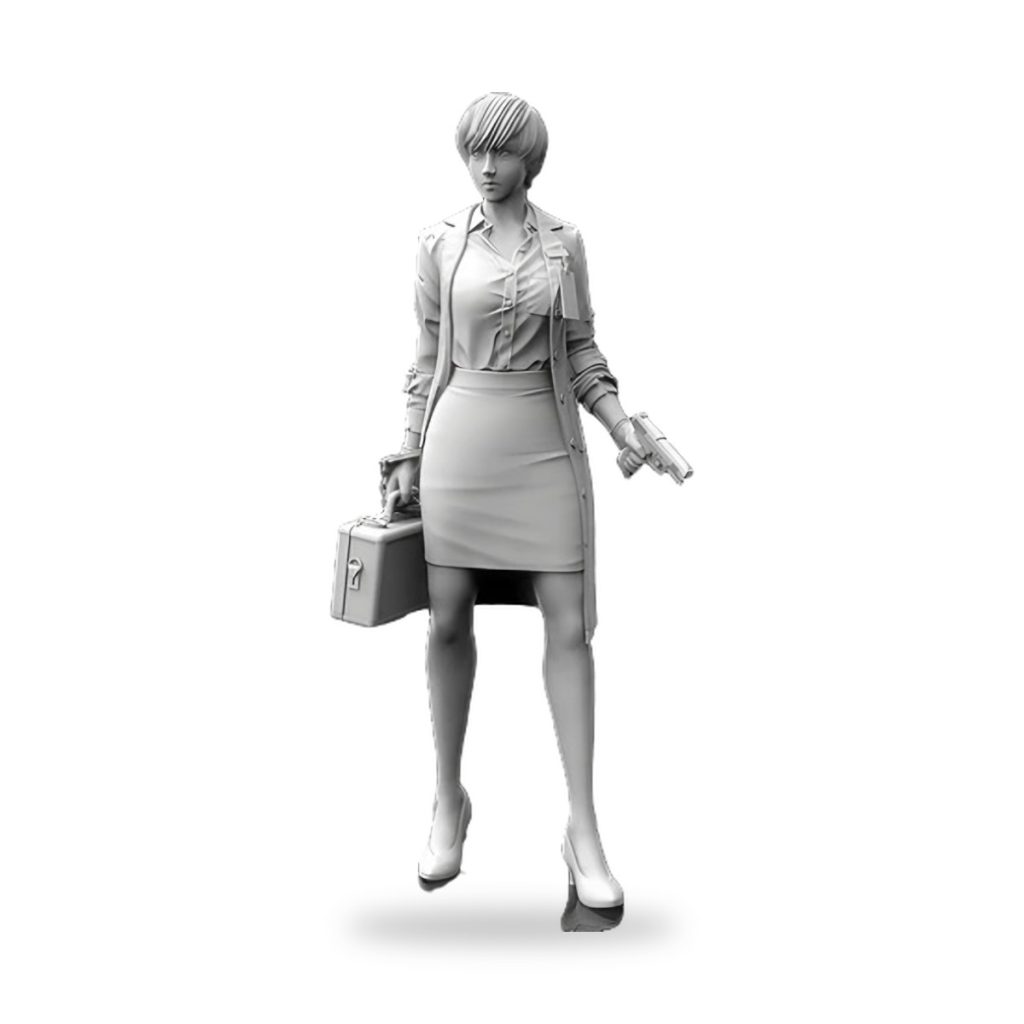 Unpainted female secret agent figure in trench coat holding briefcase and pistol.