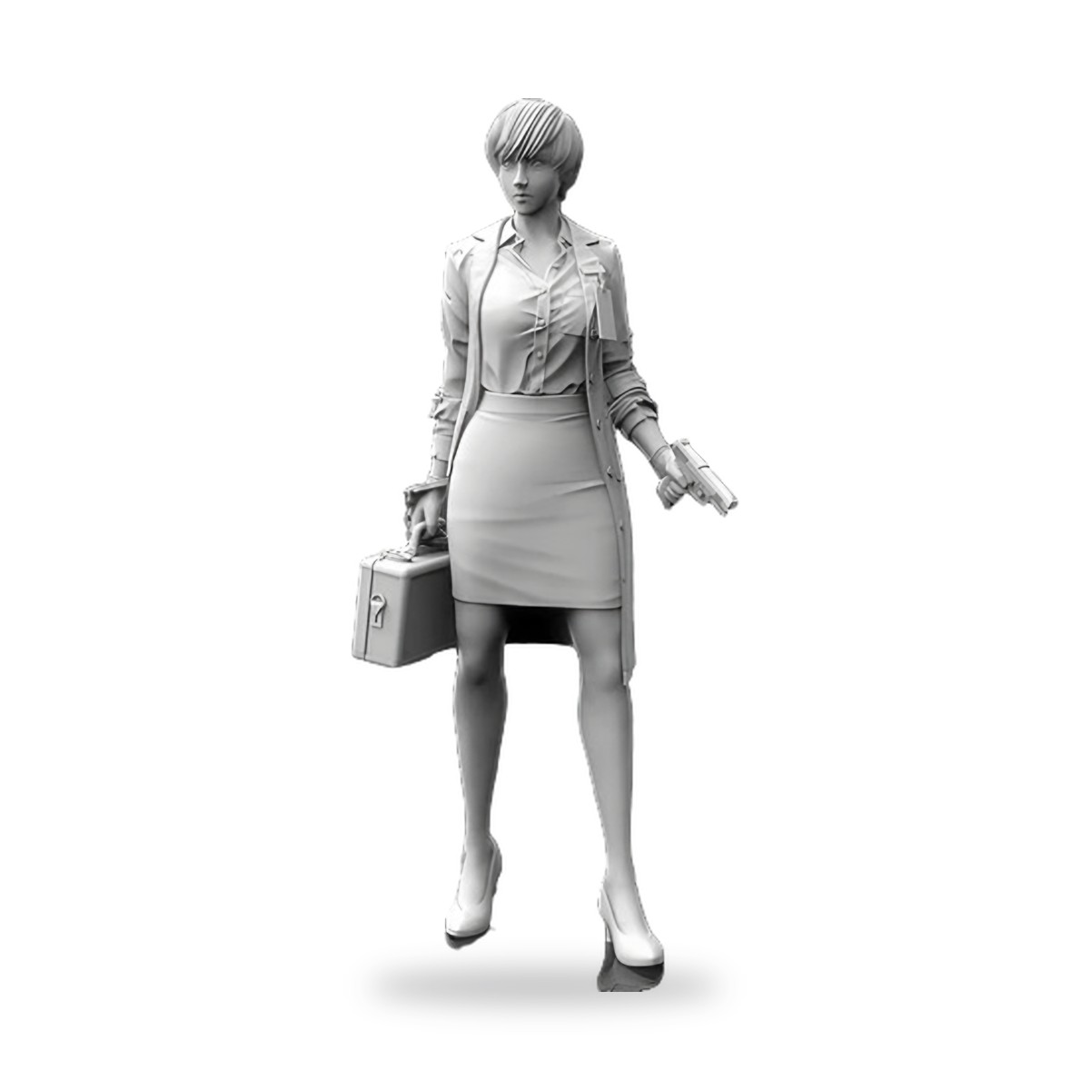 Unpainted female secret agent figure in trench coat holding briefcase and pistol.