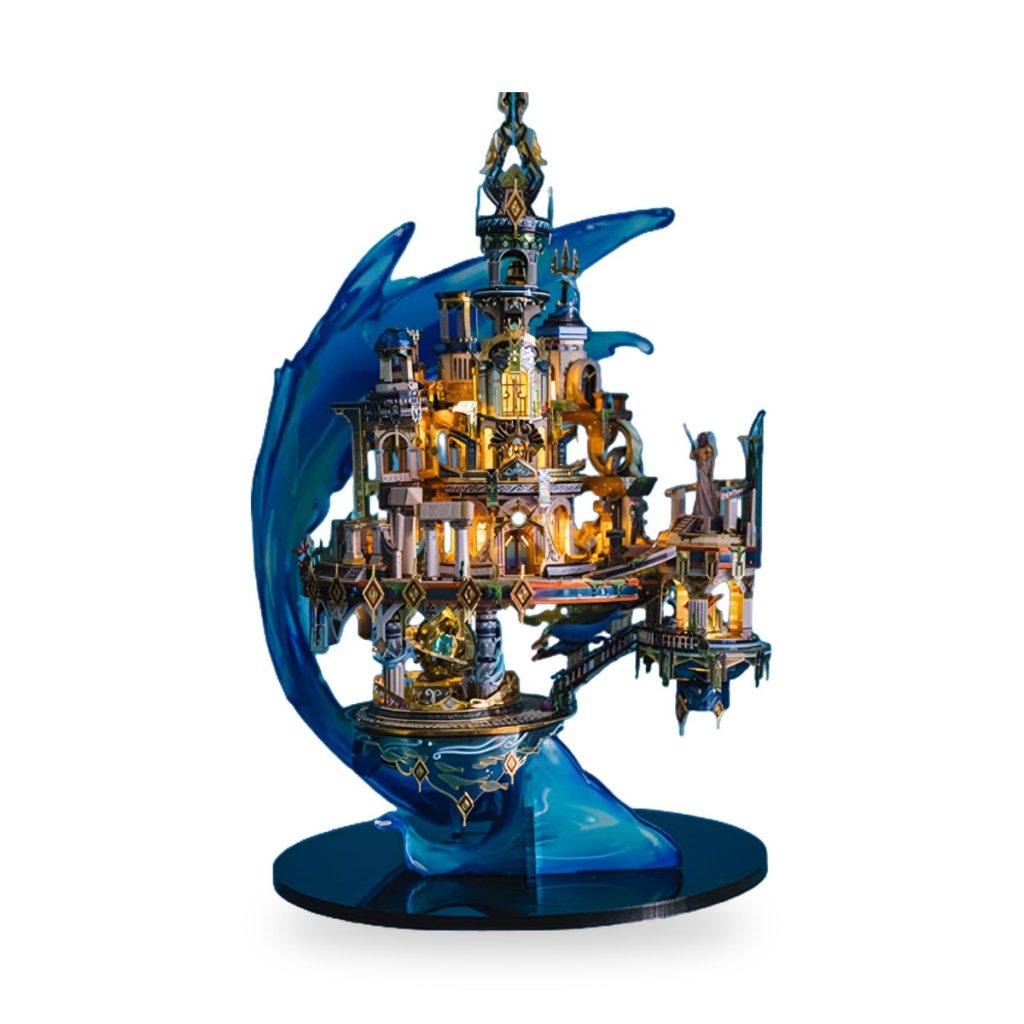 Detailed blue and gold ancient Atlantis cityscape with water effects on display base.