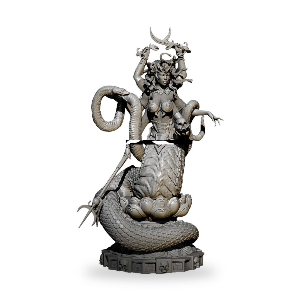 Unpainted GK Nagi Serpent Guard statue with snake body and weapons.