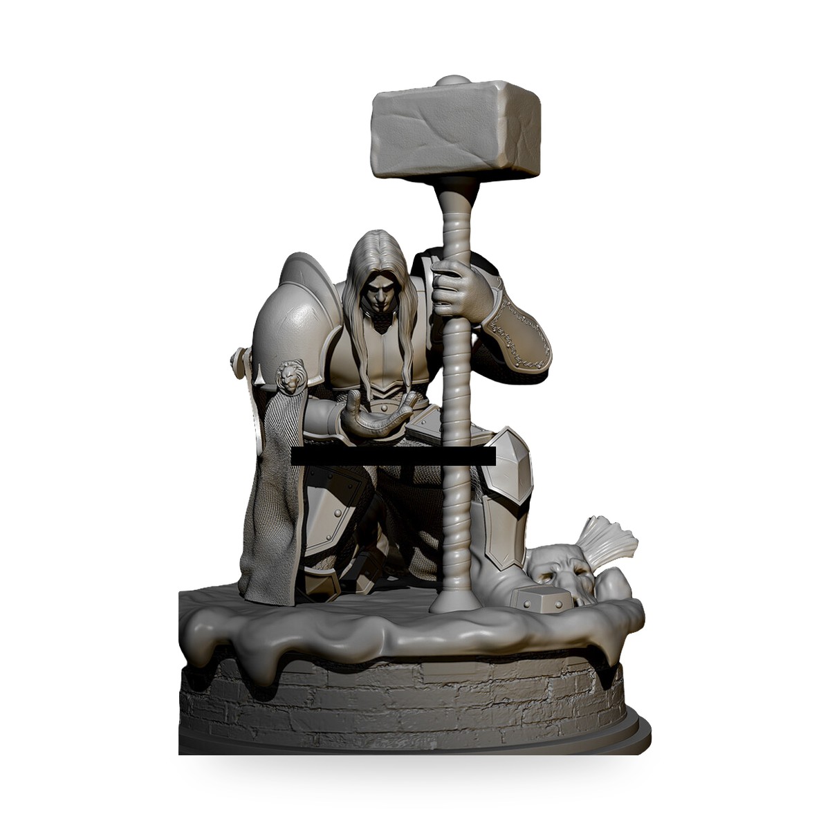 Unpainted knight figure holding hammer and shield on stone base.