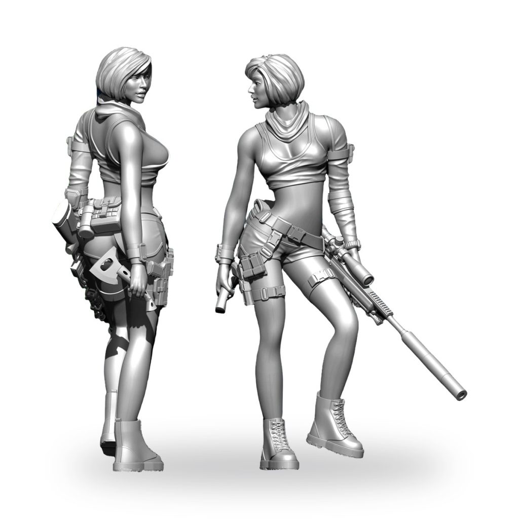 Unpainted female sniper figure in tactical gear holding rifle and pistol.