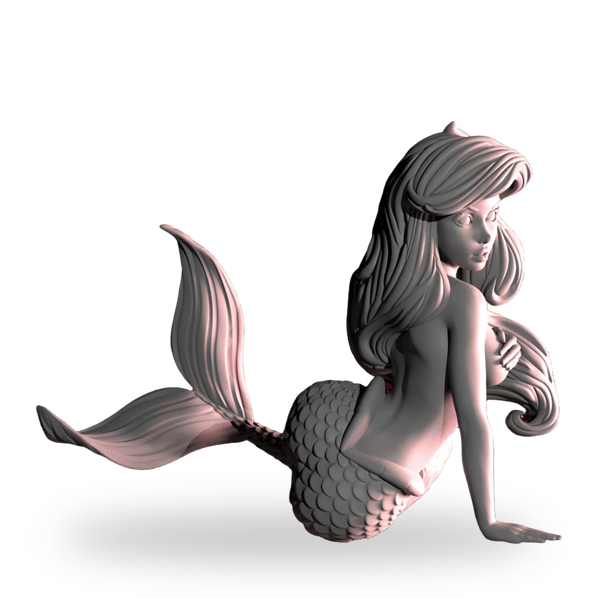 Unpainted mermaid figure with long hair and scaled tail in seated pose.