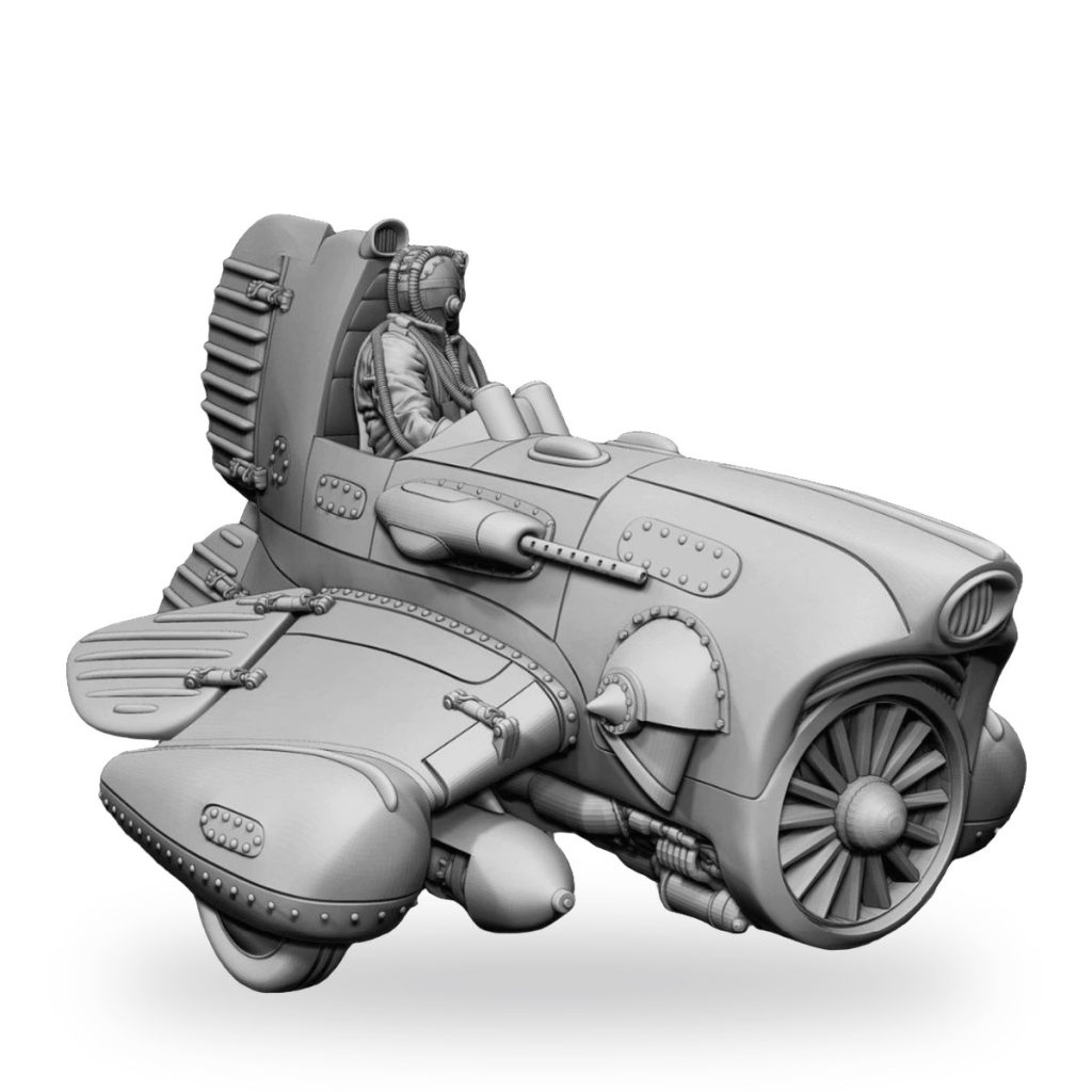 Unpainted resin model of vintage fighter plane with pilot in cockpit.