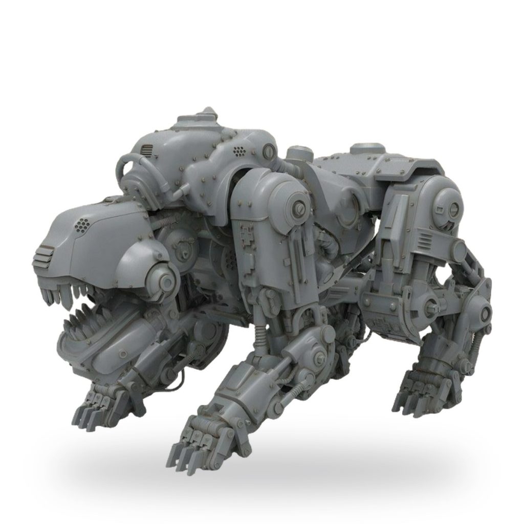 Unpainted gray sci-fi robot attack dog with mechanical limbs and sharp teeth.