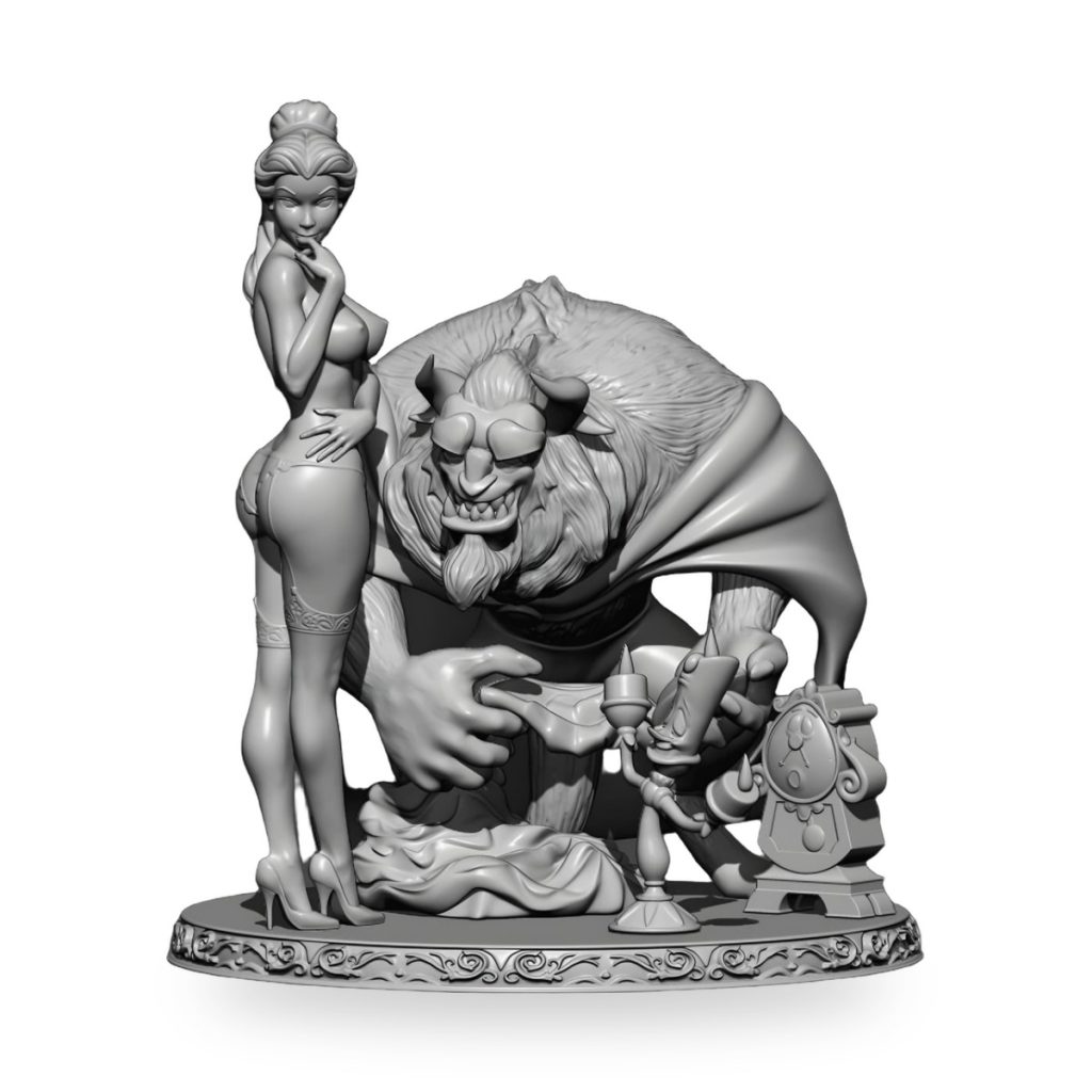 Unpainted Beauty and Beast statue with Belle in lingerie.