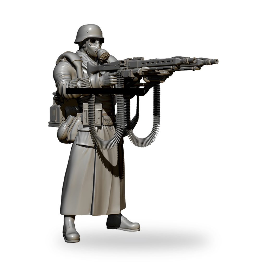 Unpainted vintage soldier figure with gas mask and automatic rifle.