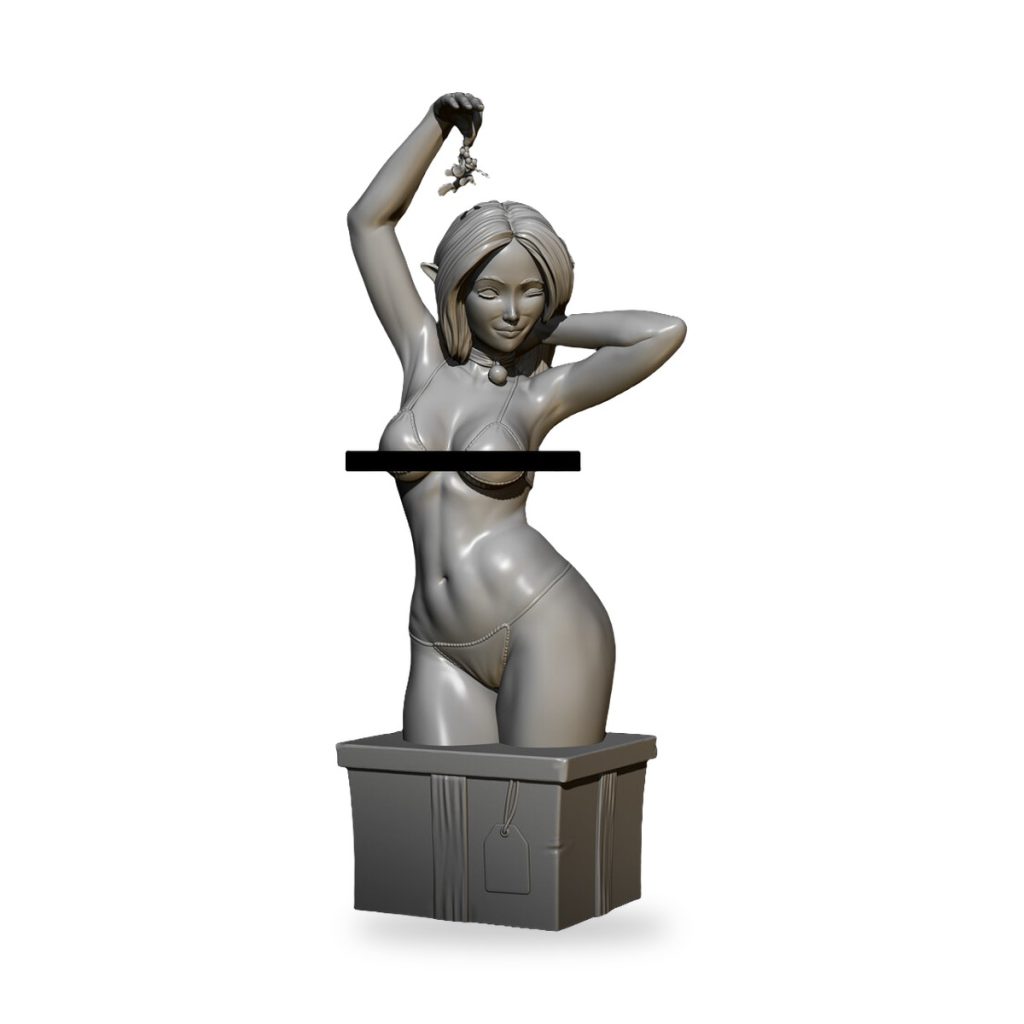 Unpainted elf bust in bikini emerging from box, holding flower above head.