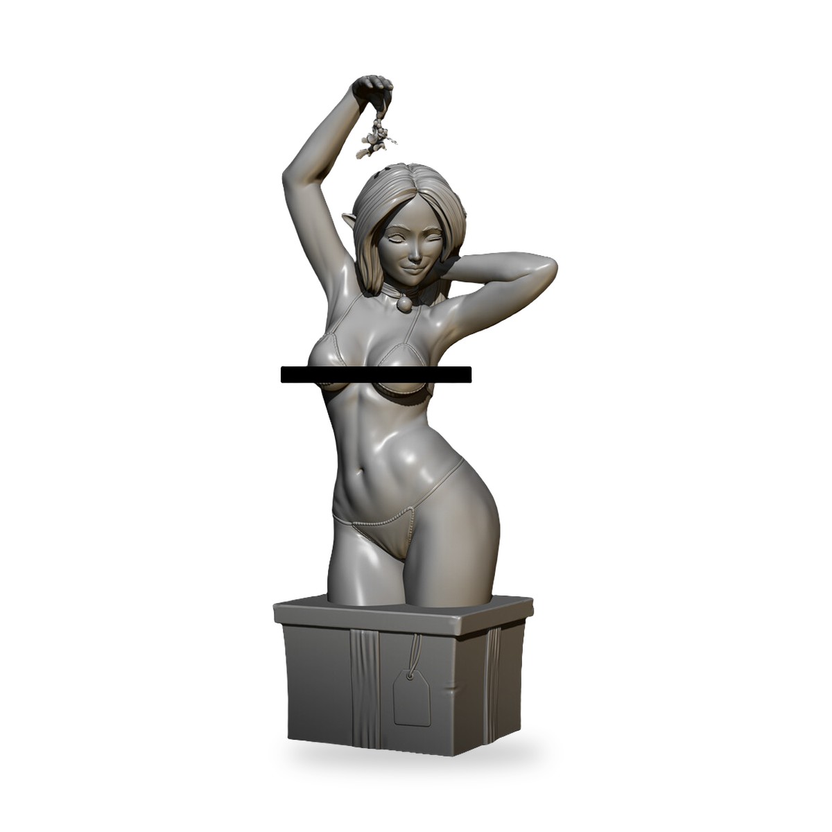 Unpainted elf bust in bikini emerging from box, holding flower above head.