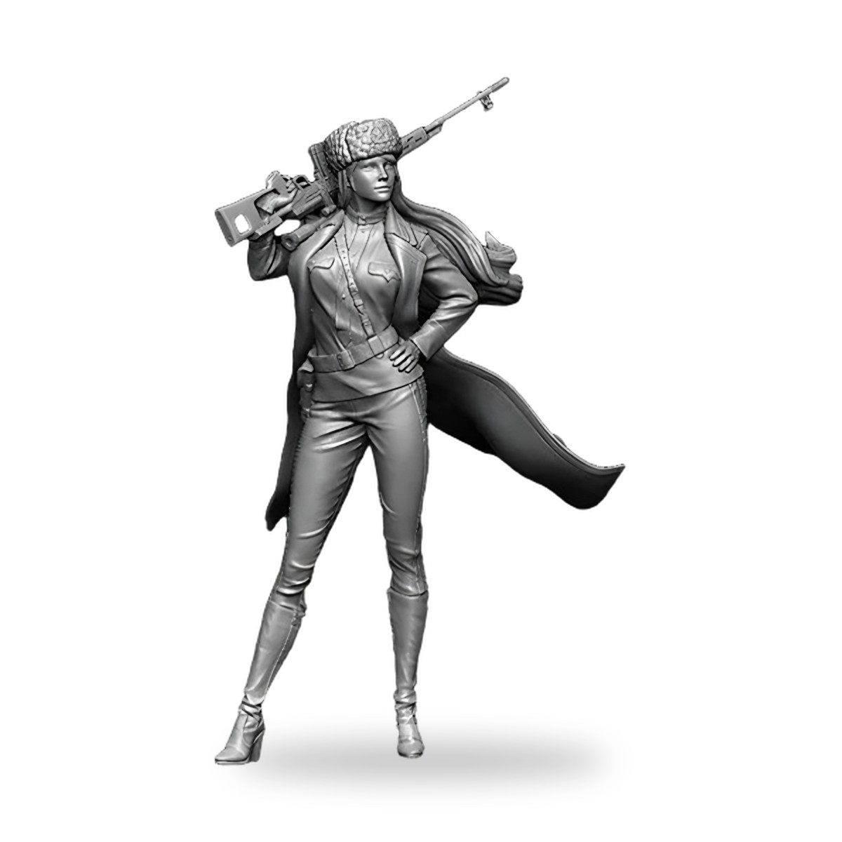 Unpainted 1/35 Russian female sniper soldier with rifle and cape.