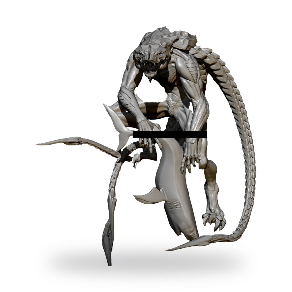 Unpainted Alien Predator sea monster figure holding shark prey.