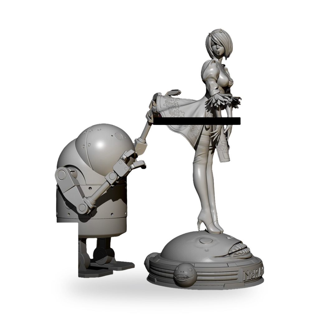 Unpainted robot figure holding female android on circular base with small creature detail.