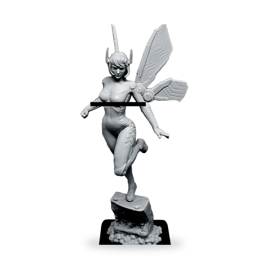 Unpainted female cyberpunk android figure with wings and horned helmet on rocky base.