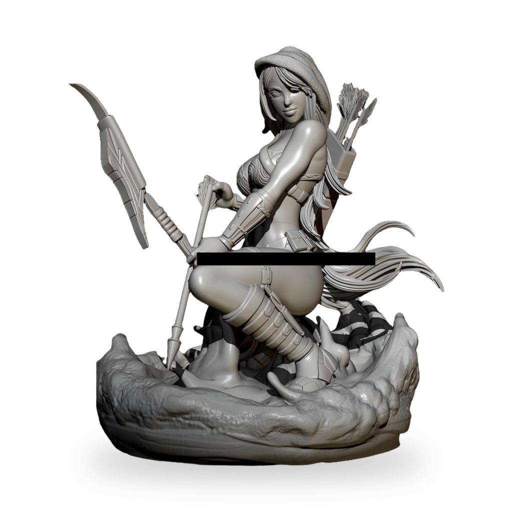 Unpainted female archer figure with bow and arrows on rocky base.