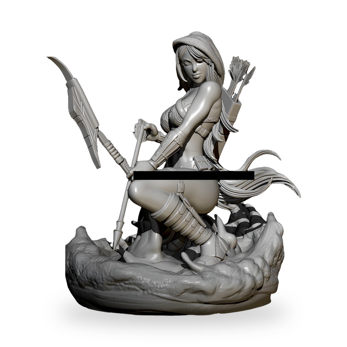 Unpainted female archer figure with bow and arrows on rocky base.
