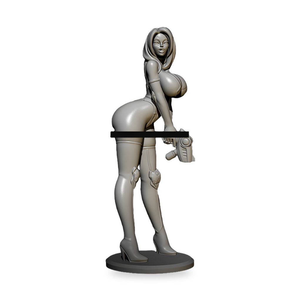 Unpainted female laser tag figure with large bust and futuristic gear.