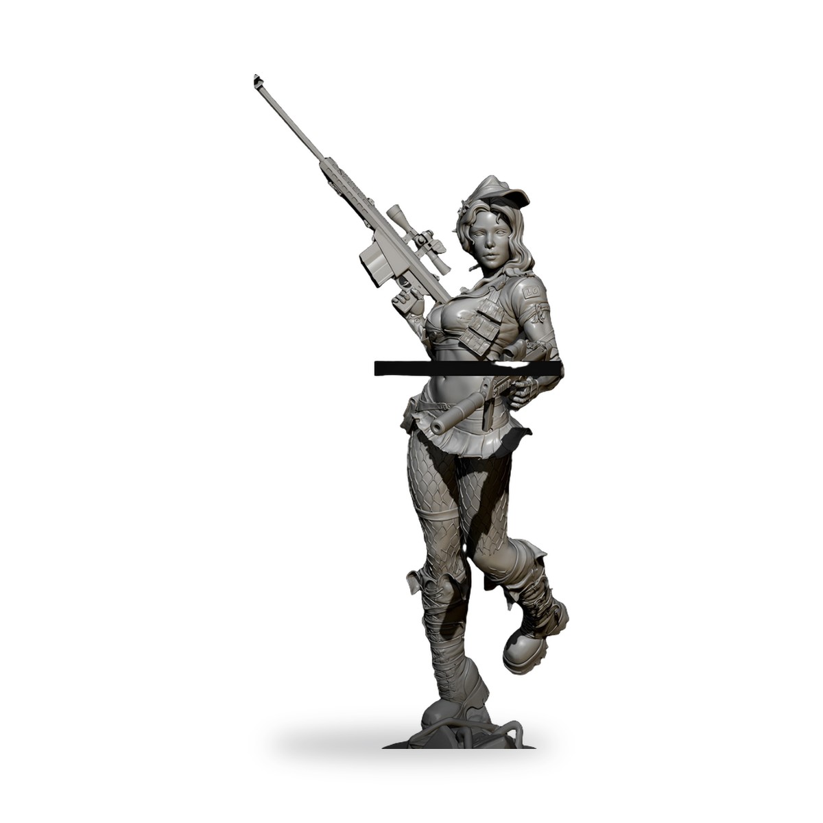 Unpainted female mercenary sniper holding rifle in tactical gear.