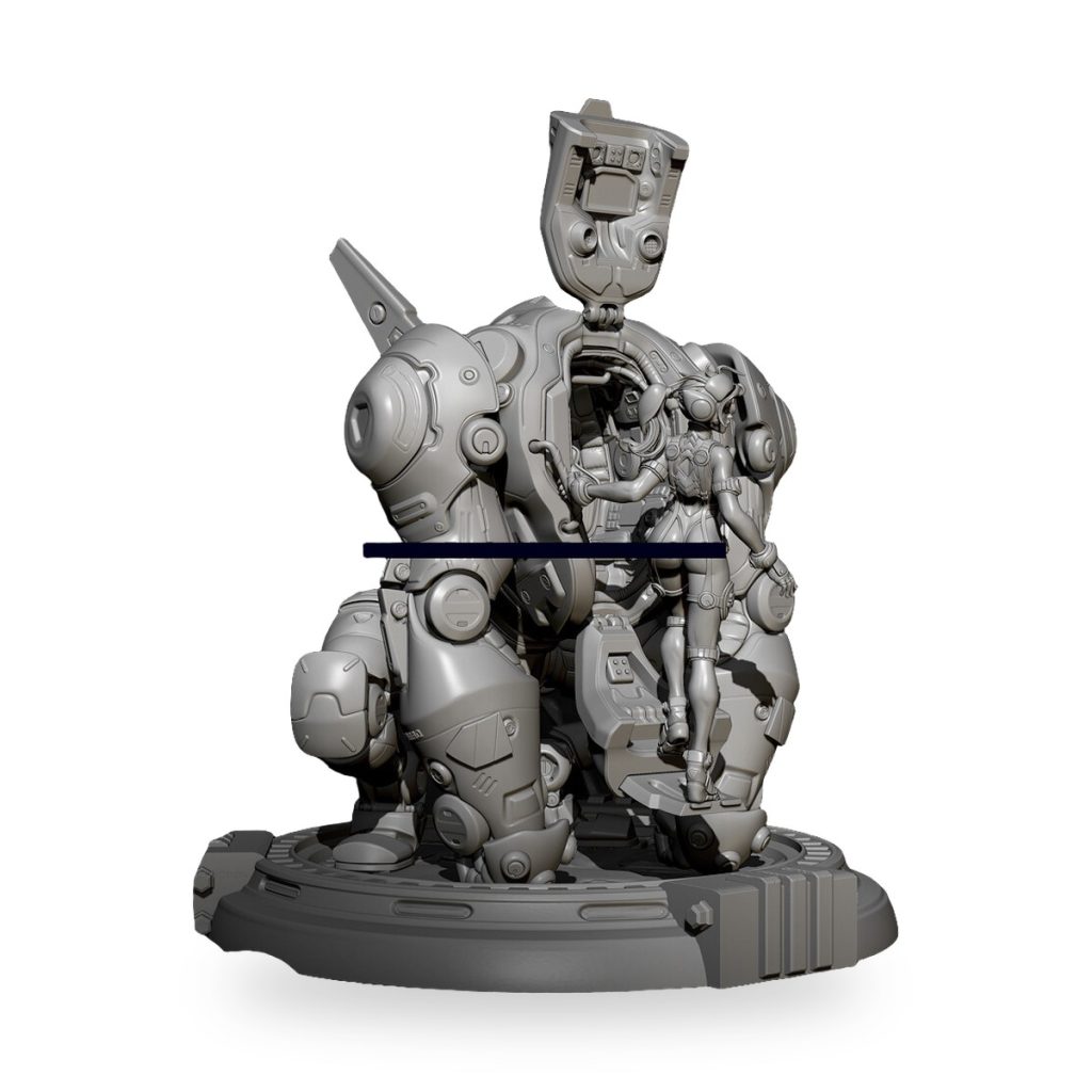 Unpainted gray robot figure with female pilot inside cockpit on circular base.