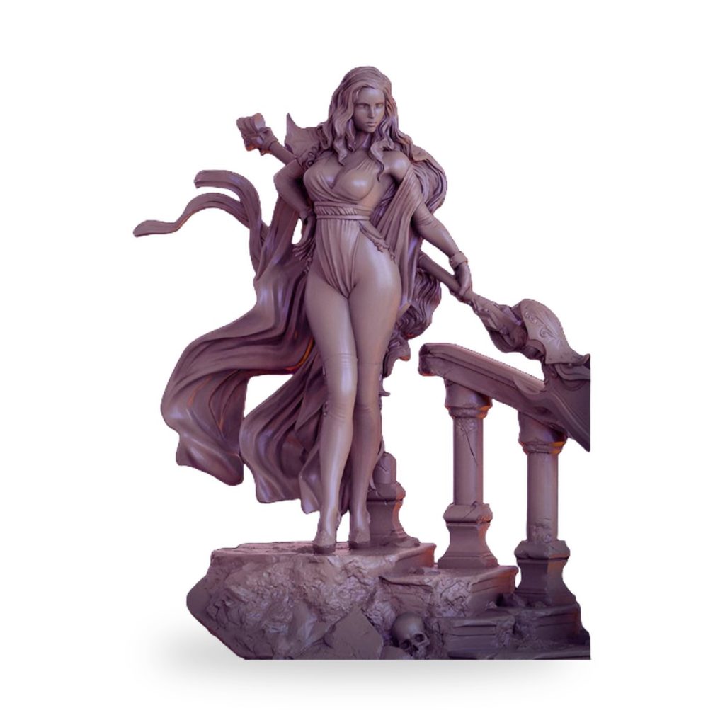 Unpainted resin figure of ancient goddess with flowing robes and staff on rocky base.