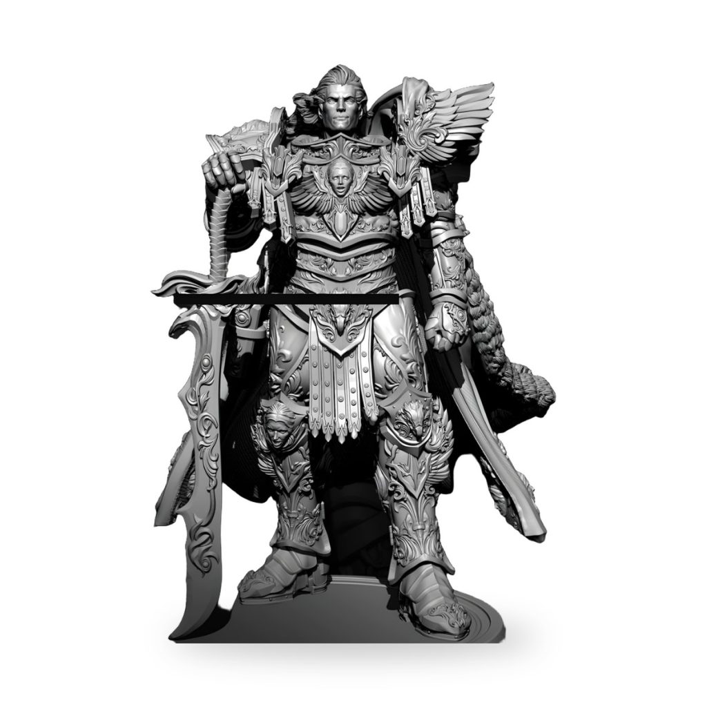 Unpainted fantasy knight figure in ornate armor with wings and sword.