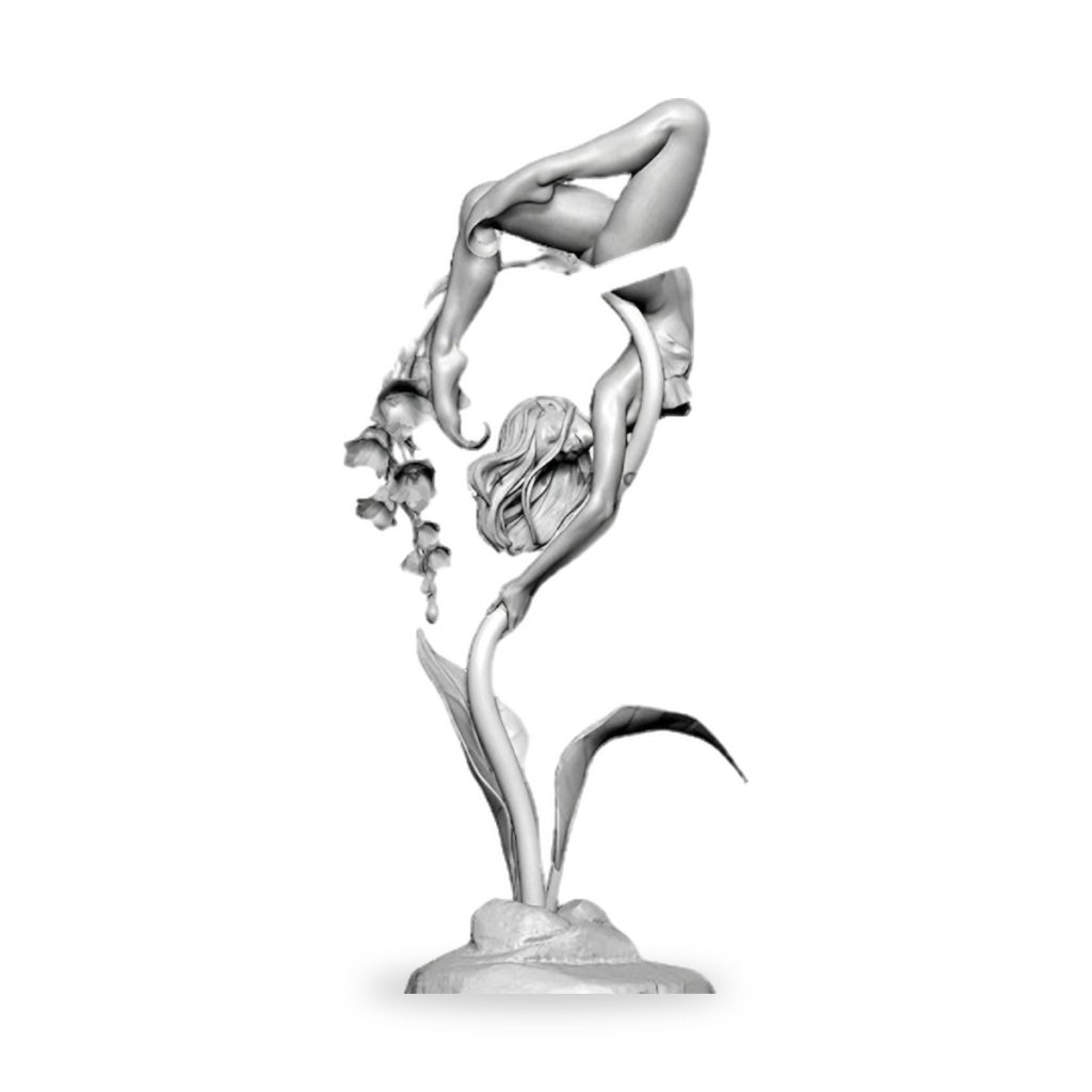 Unpainted female fairy figure with flowing hair and floral elements on rocky base.