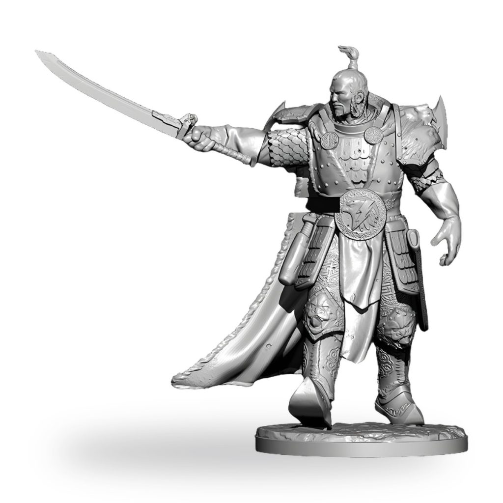 Unpainted resin figure of armored knight holding sword on base.