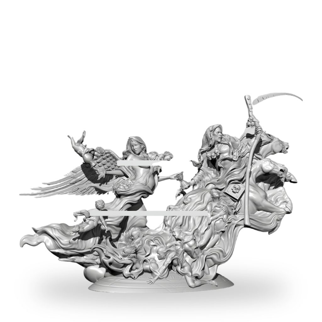 Unpainted angel and death reaper figures with scythe on base.