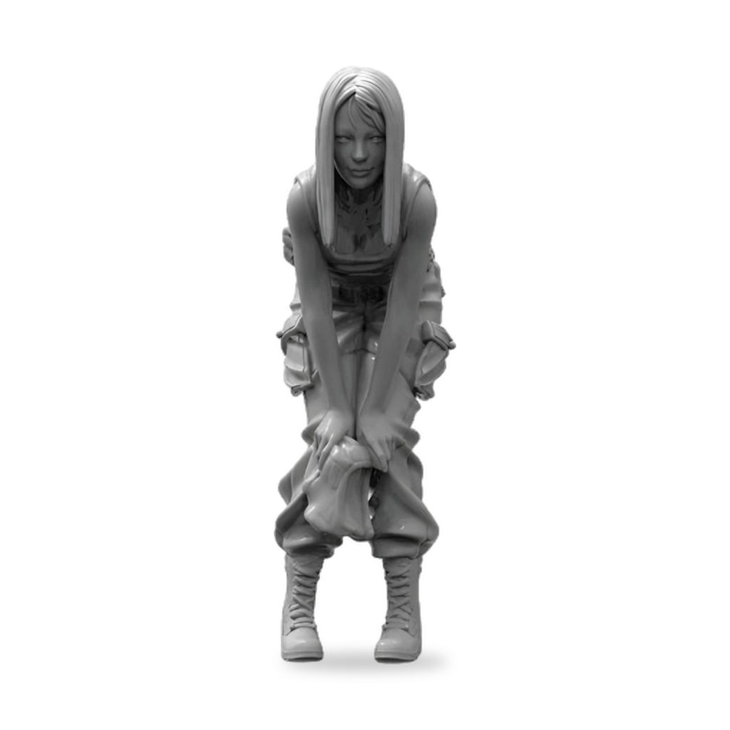 Unpainted resin figure of female soldier in combat gear, crouching pose.