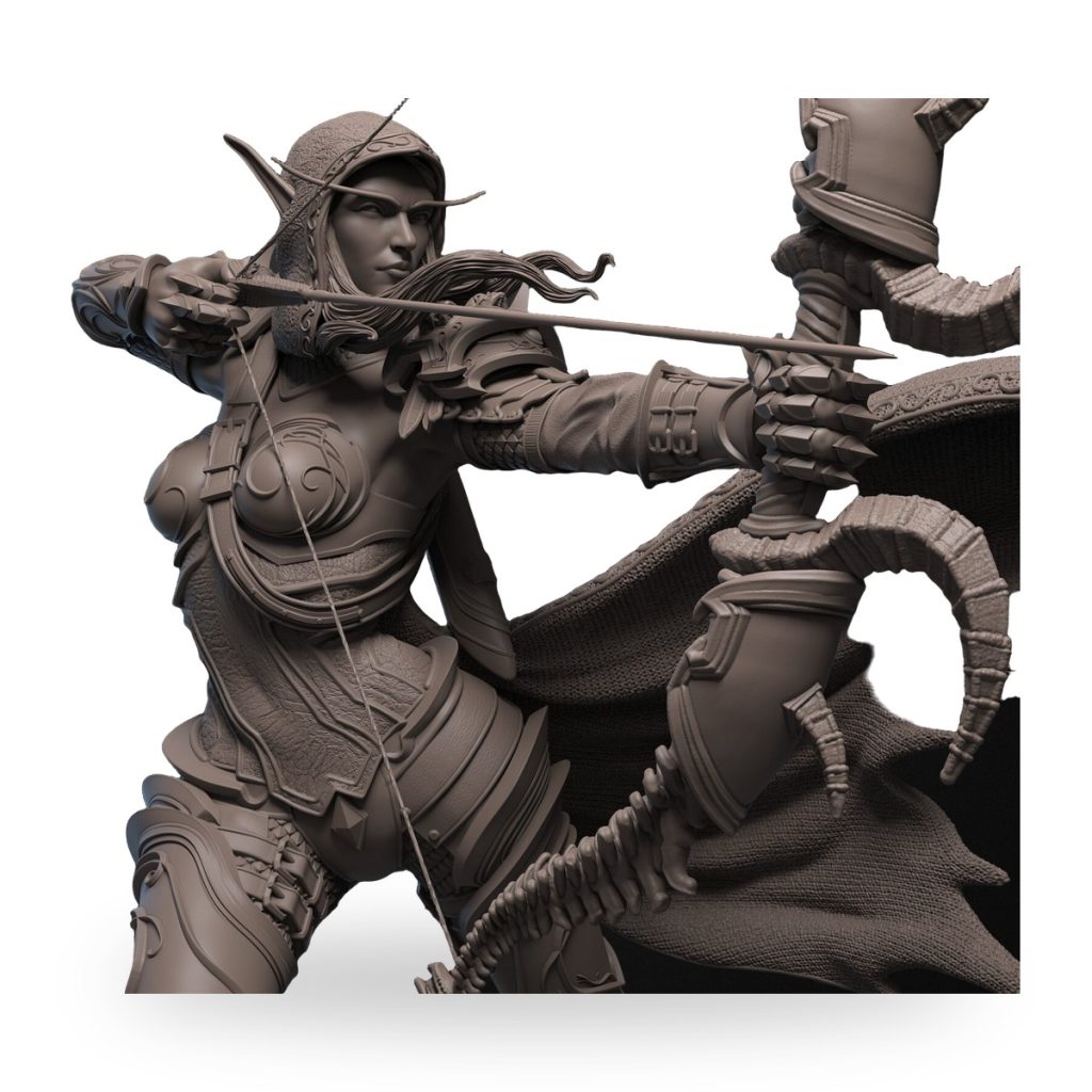 Unpainted elf archer princess in fantasy armor drawing bow and arrow.