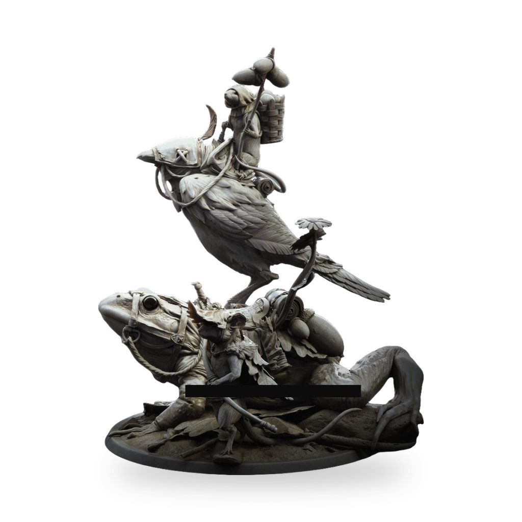 Unpainted mouse warrior riding bird atop frog fantasy animal statue.