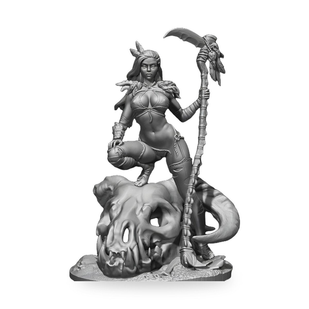 Unpainted resin figure of fantasy huntress woman on skull base holding scythe.
