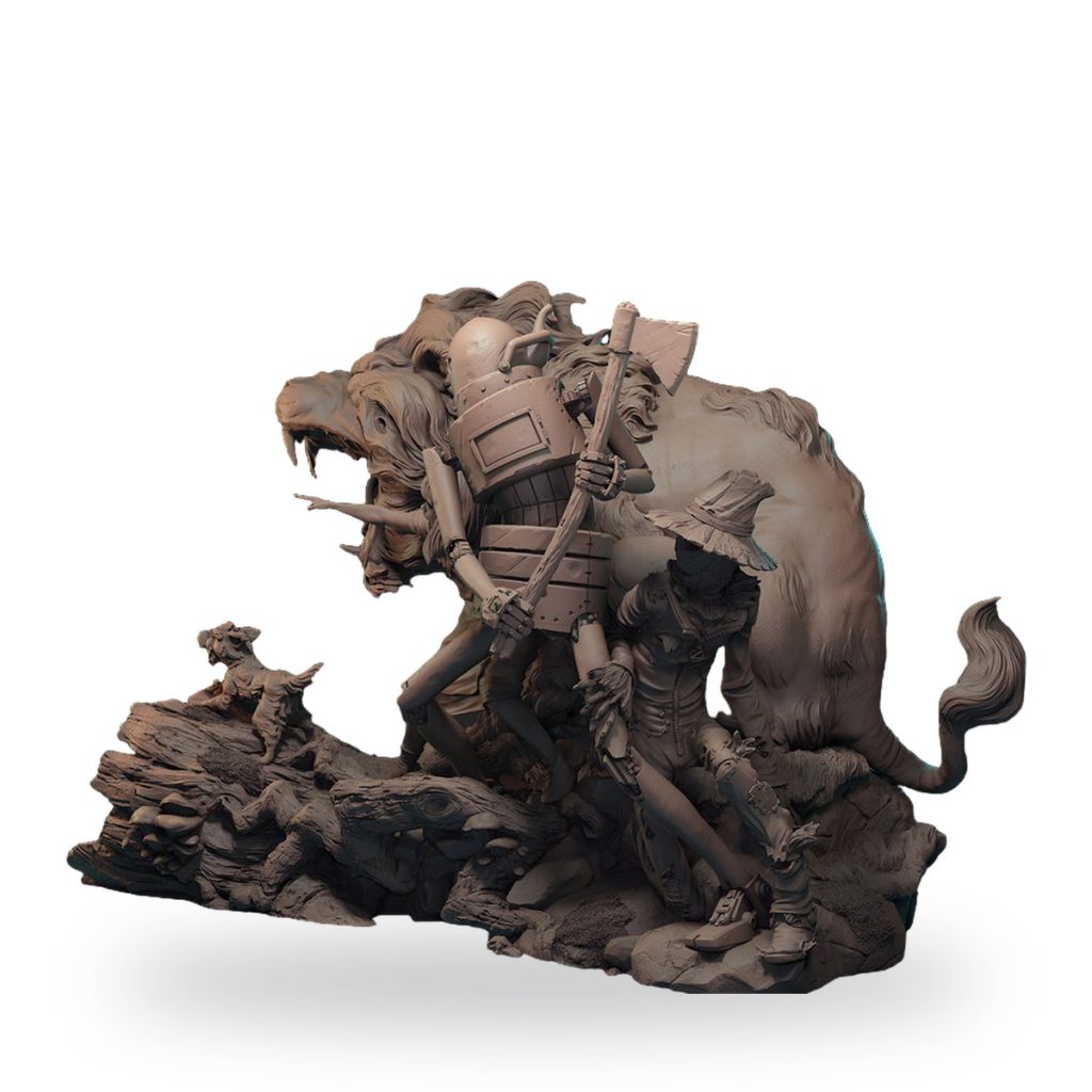 Unpainted fantasy figure of armored warrior and scarecrow battling lion with puppy on rocky base.
