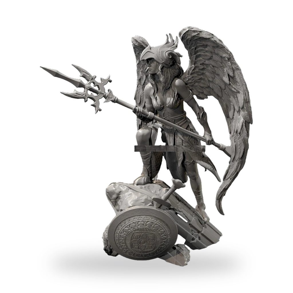 Unpainted Valkyrie warrior figure with wings holding spear and shield on rocky base.