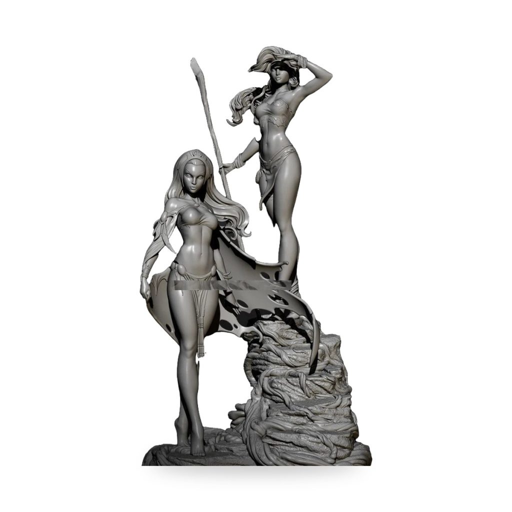 Unpainted resin figure of two warrior princess goddesses on rocky base.