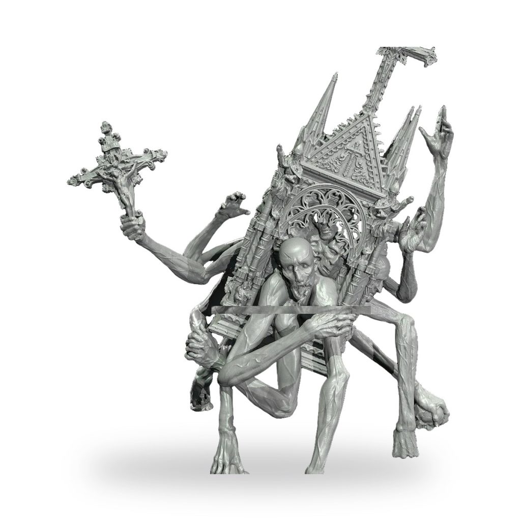 Unpainted Gothic demon figure with multiple arms holding crosses and ornate throne.