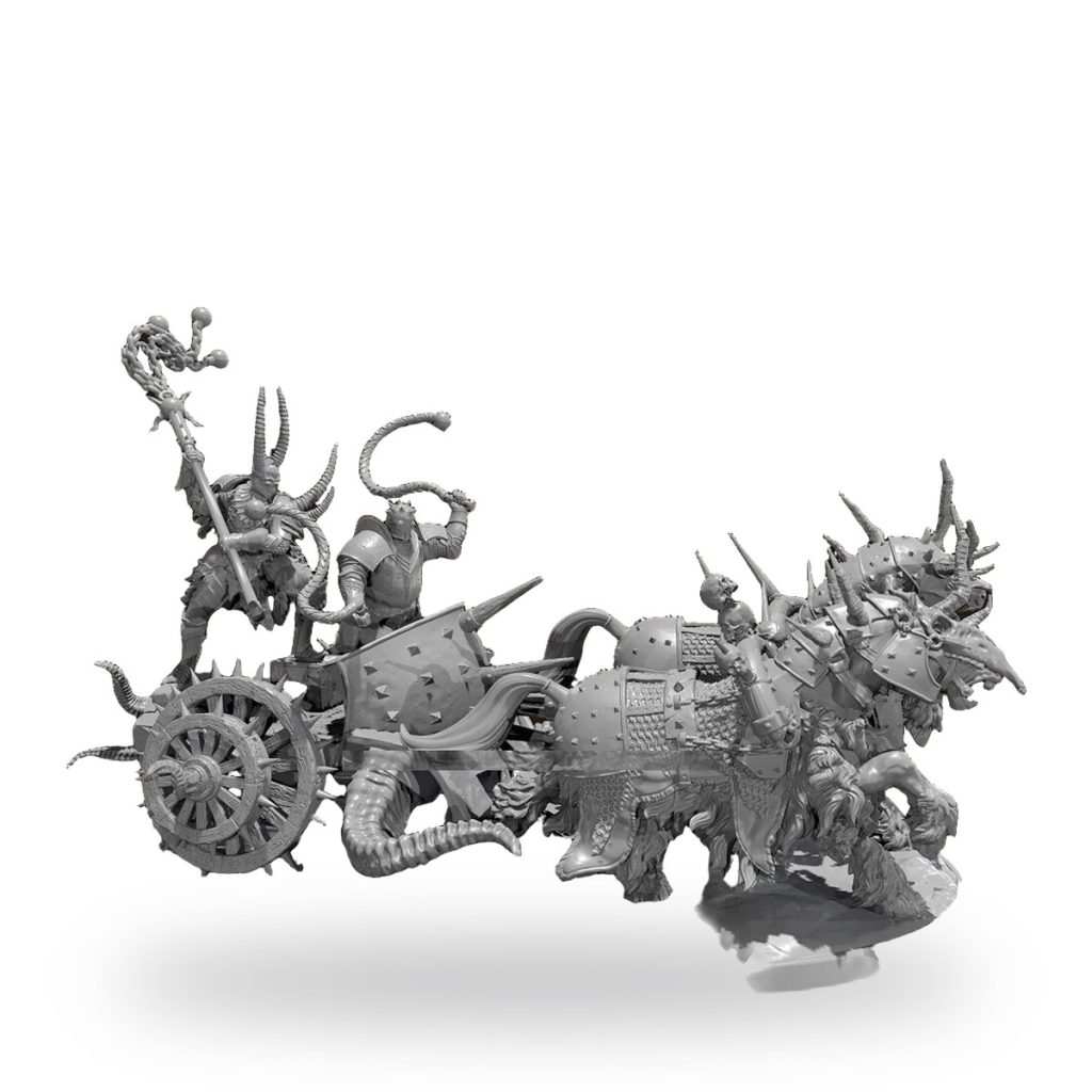 Unpainted fantasy beast war chariot with orc figures and spiked wheels.