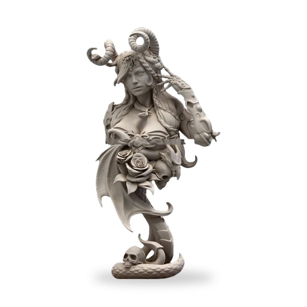 Unpainted bust of horned queen with skull and rose details.