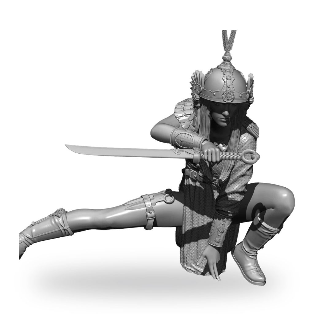 Unpainted resin figure of ancient warrior woman in combat pose with sword and helmet.