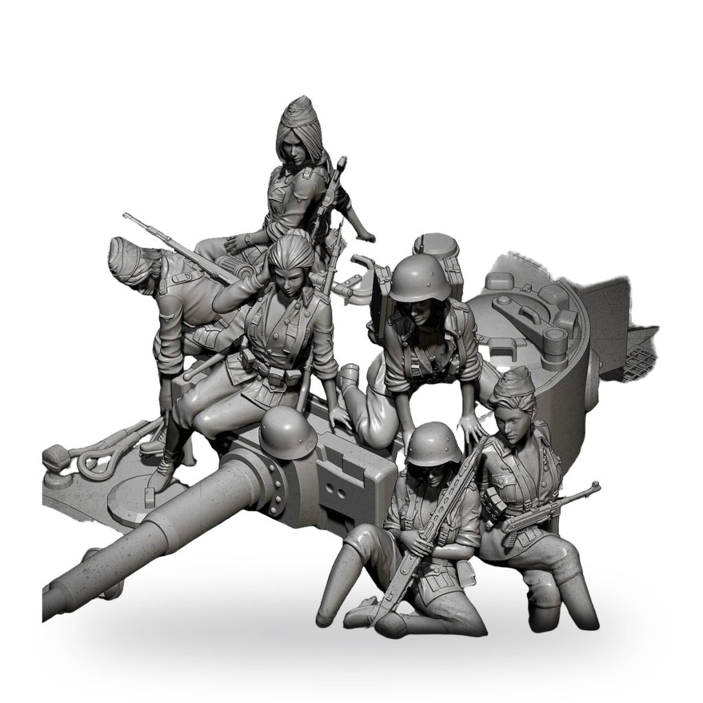 Unpainted WWII female soldiers on tank turret in combat poses.