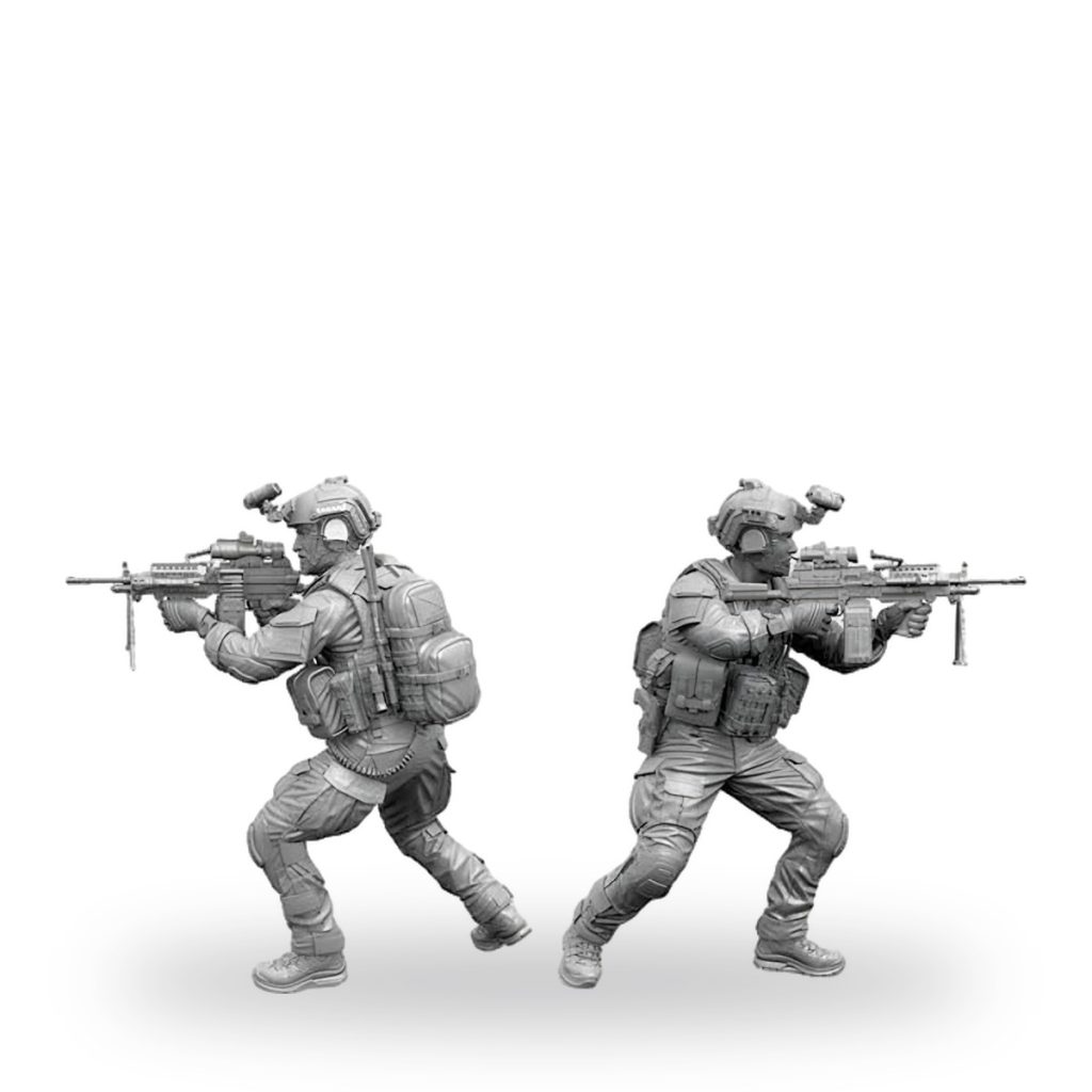 Unpainted 1/16 scale modern special forces soldier with rifle in tactical gear.