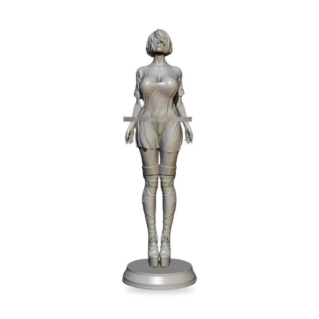 Unpainted resin figure of blind heroine in short dress and thigh-high boots on circular base.