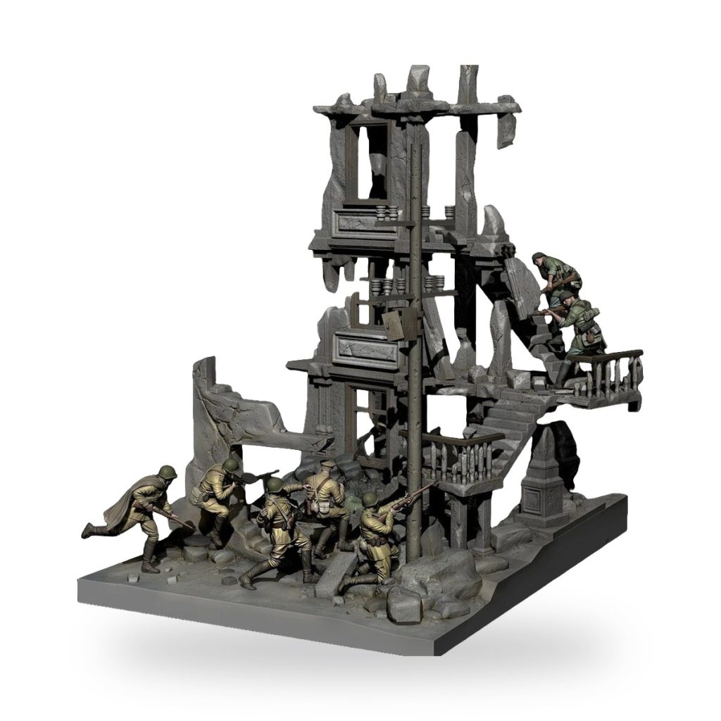 Unpainted WWII soldier figures in ruined building diorama.