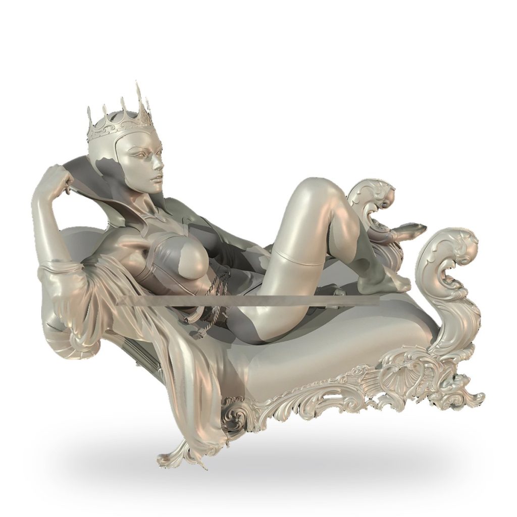 Unpainted silver queen with crown reclining on ornate chaise lounge.