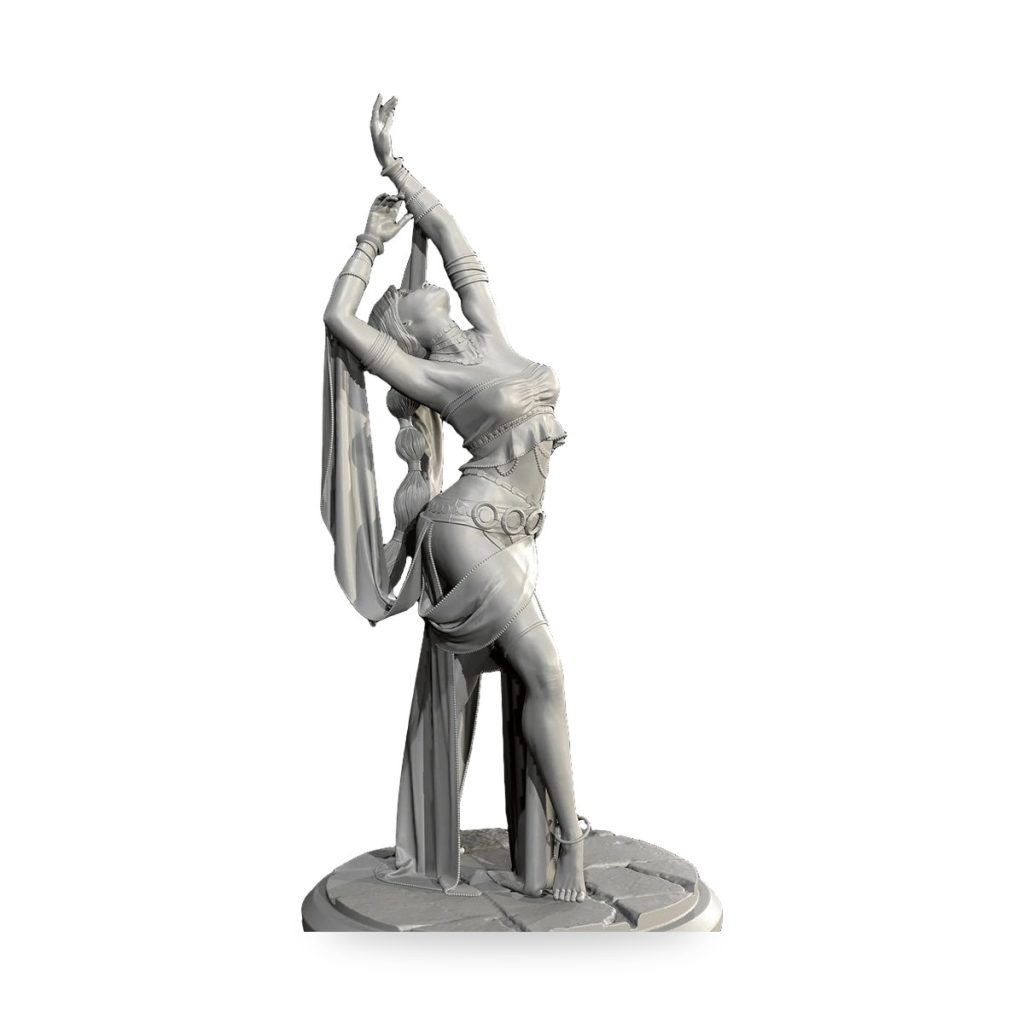 Unpainted resin statue of exotic dancer in flowing dress with arms raised.