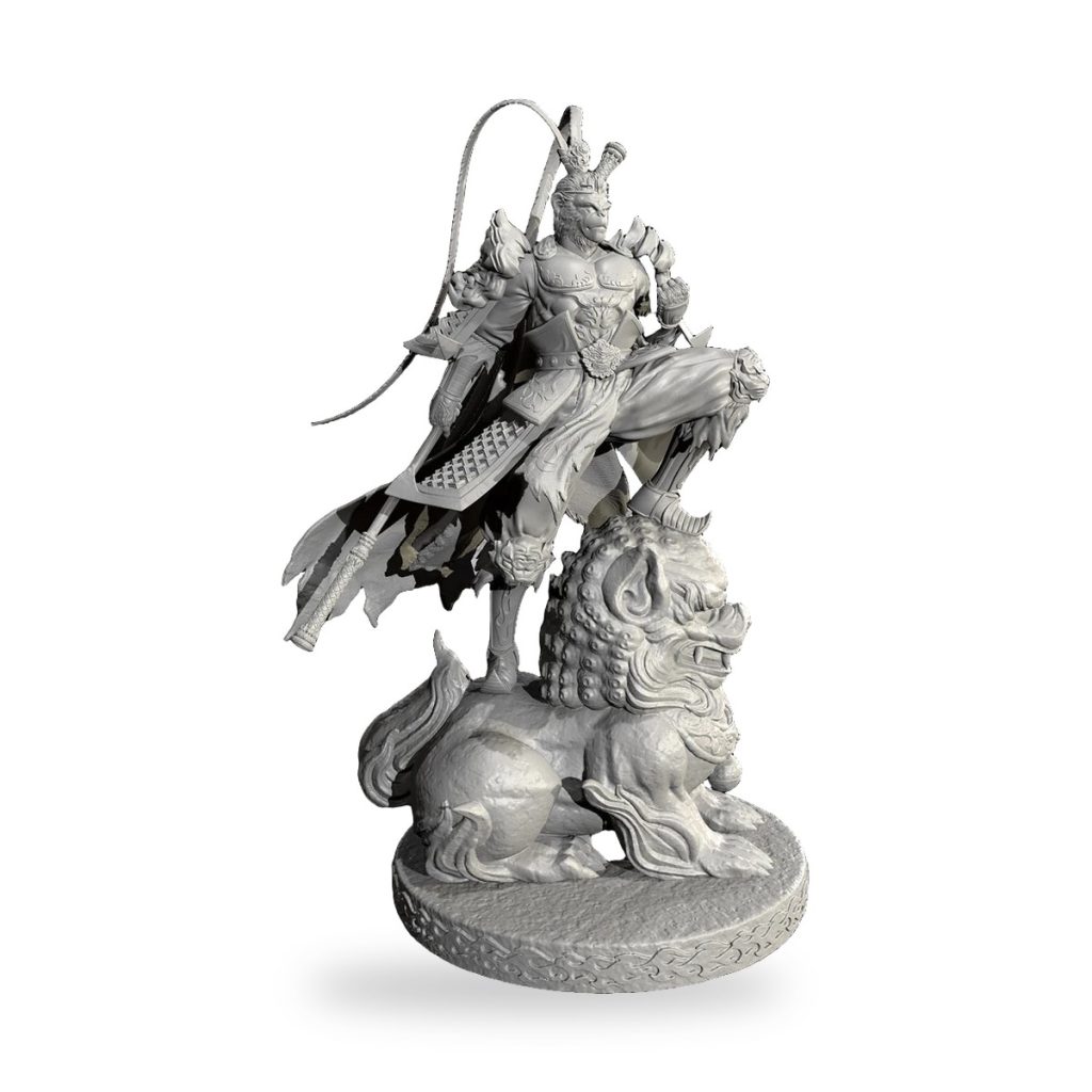Unpainted Wukong Monkey King statue standing on lion base with staff and tail.